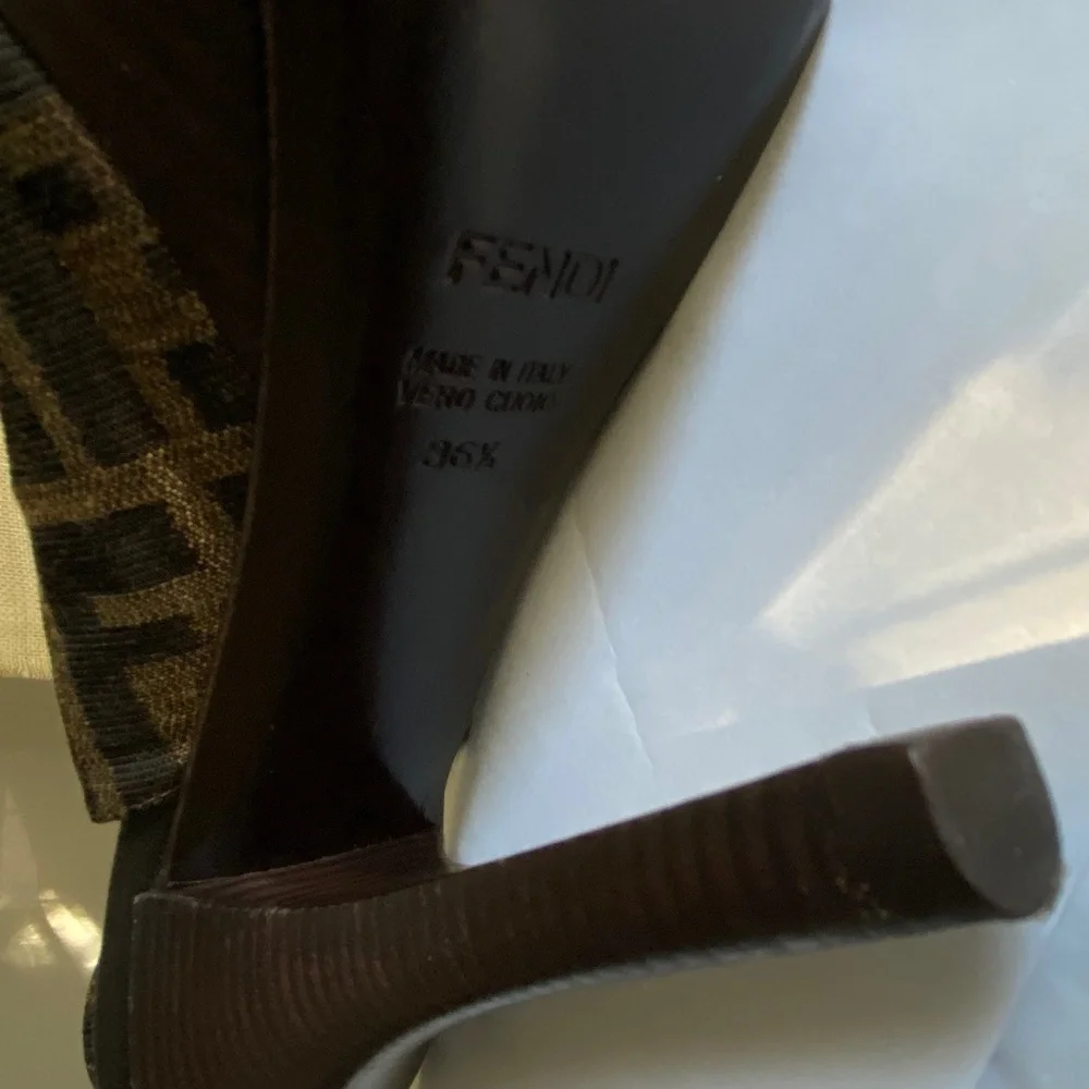 Fendi heels ankle strap 36.5 Italy open toe pumps monogram canvas clogs platform - Picture 9 of 10